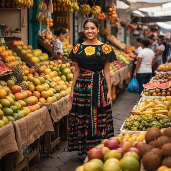 Mexican 3 piece set Blouse Cambaya skirt elastic waist and belt or mini rebozo - Picture 4 of 13
